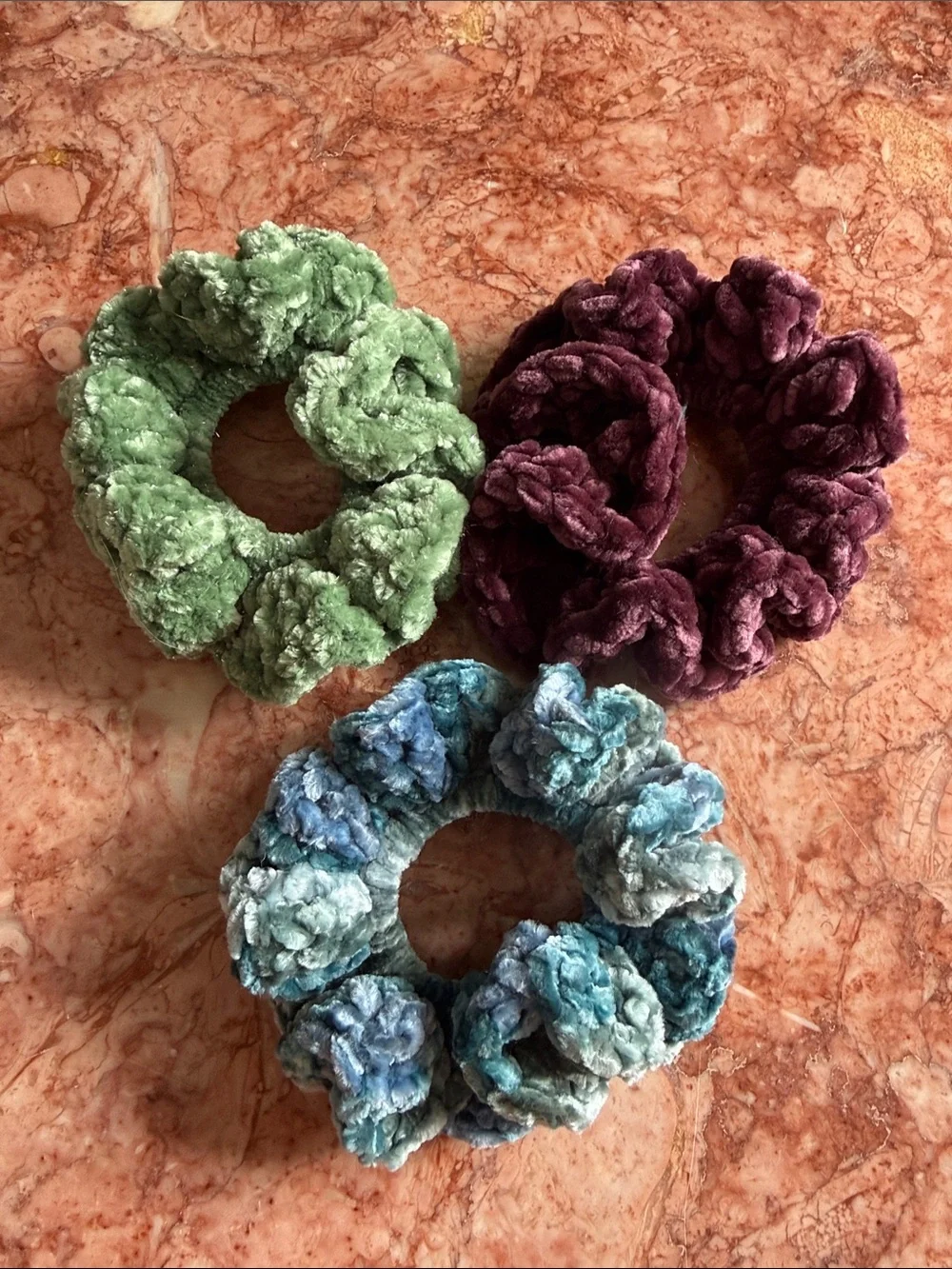Velvet Plush Scrunchie Trio — Green, Brown & Blue